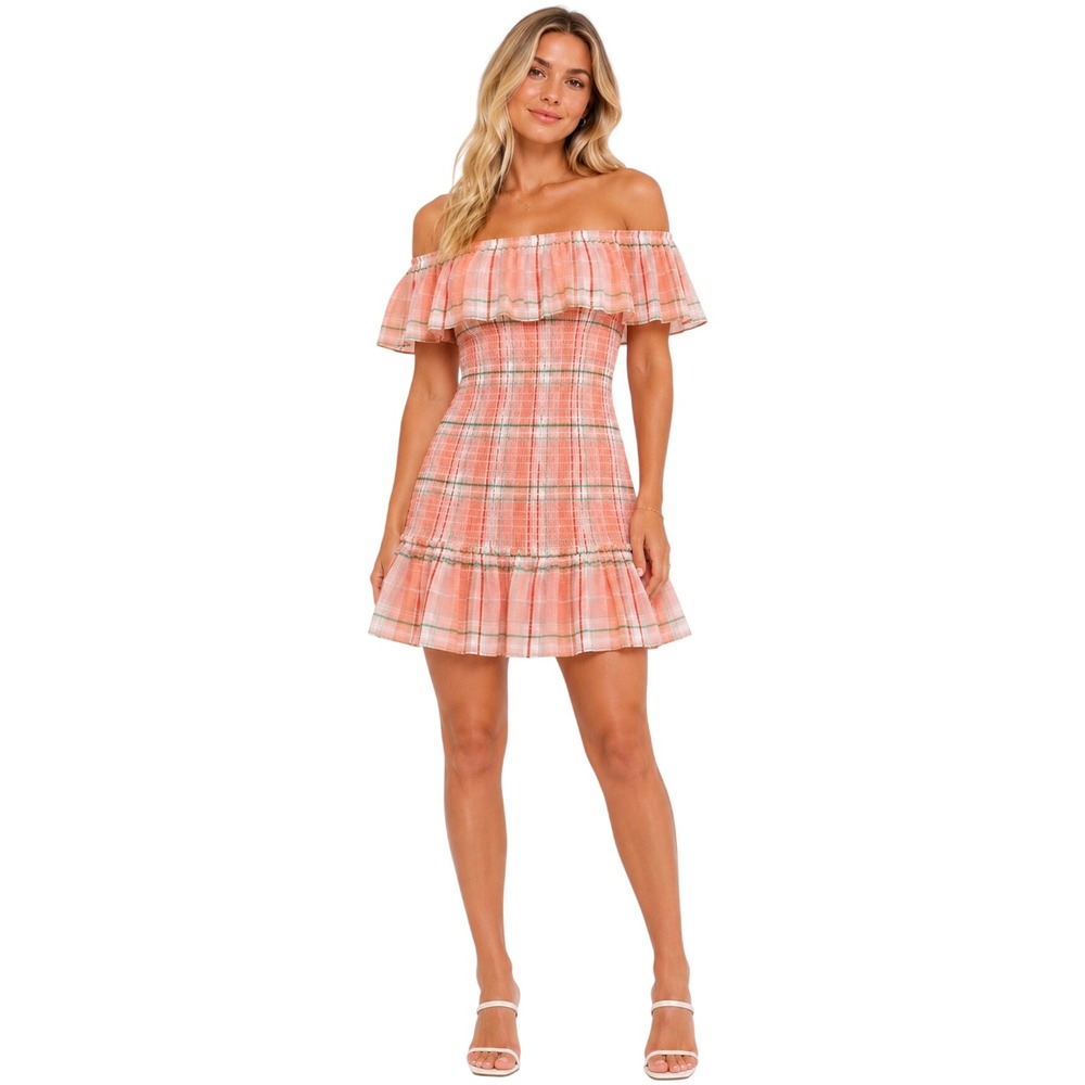 ASOS DESIGN Off Shoulder Smocked Mini Dress Pink Orange Plaid US 6